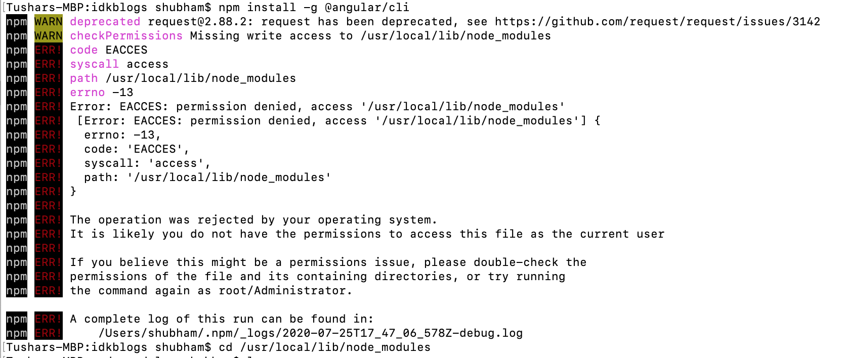 Error: EACCES: permission denied, access '/usr/local/lib/node_modules' Error: EACCES: permission denied, access '/usr/local/lib/node_modules'