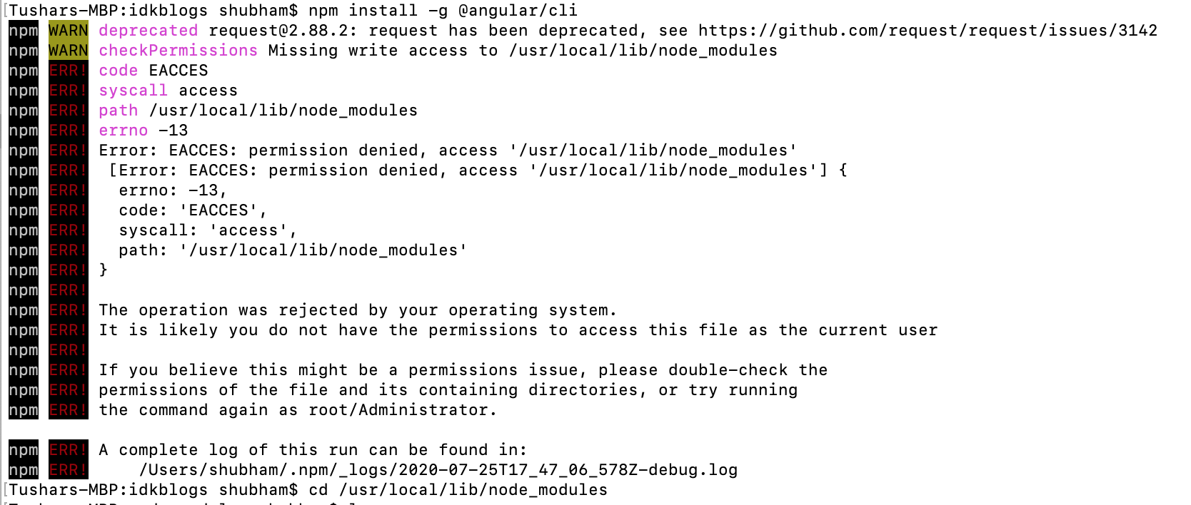 Error: EACCES: permission denied, access '/usr/local/lib/node_modules'