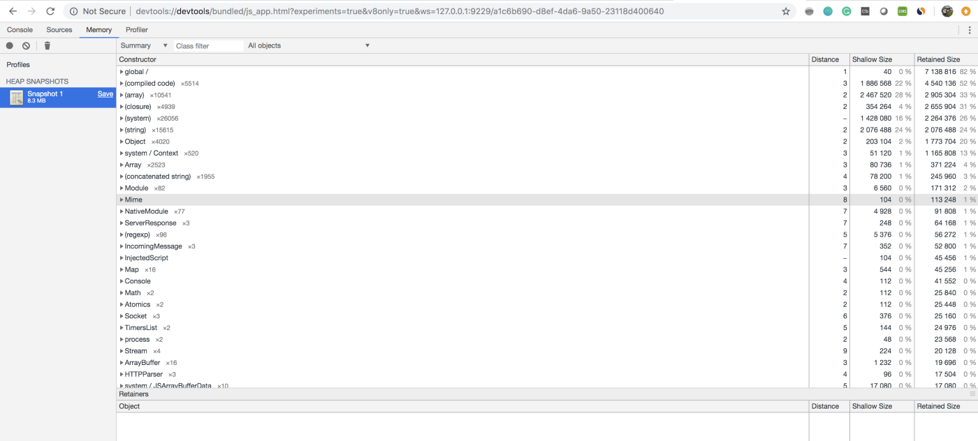 Profiling Nodejs Application: Detect the memory uses of node app | Use of -inspect